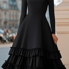 Black high-neck A-line tiered ruffle midi dress from My Store, featuring elegant ruffle details and a sophisticated silhouette.
