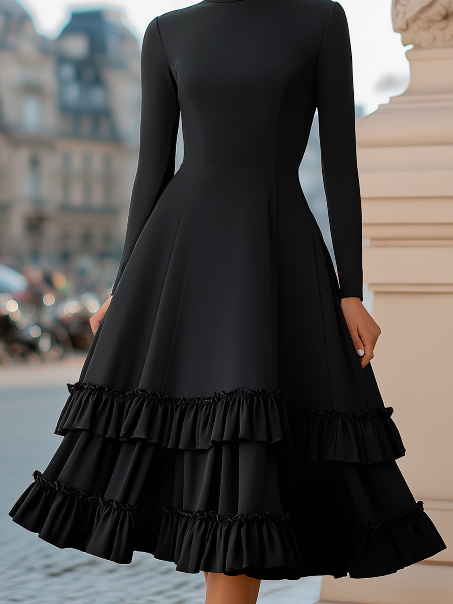 Black high-neck A-line tiered ruffle midi dress from My Store, featuring elegant ruffle details and a sophisticated silhouette.
