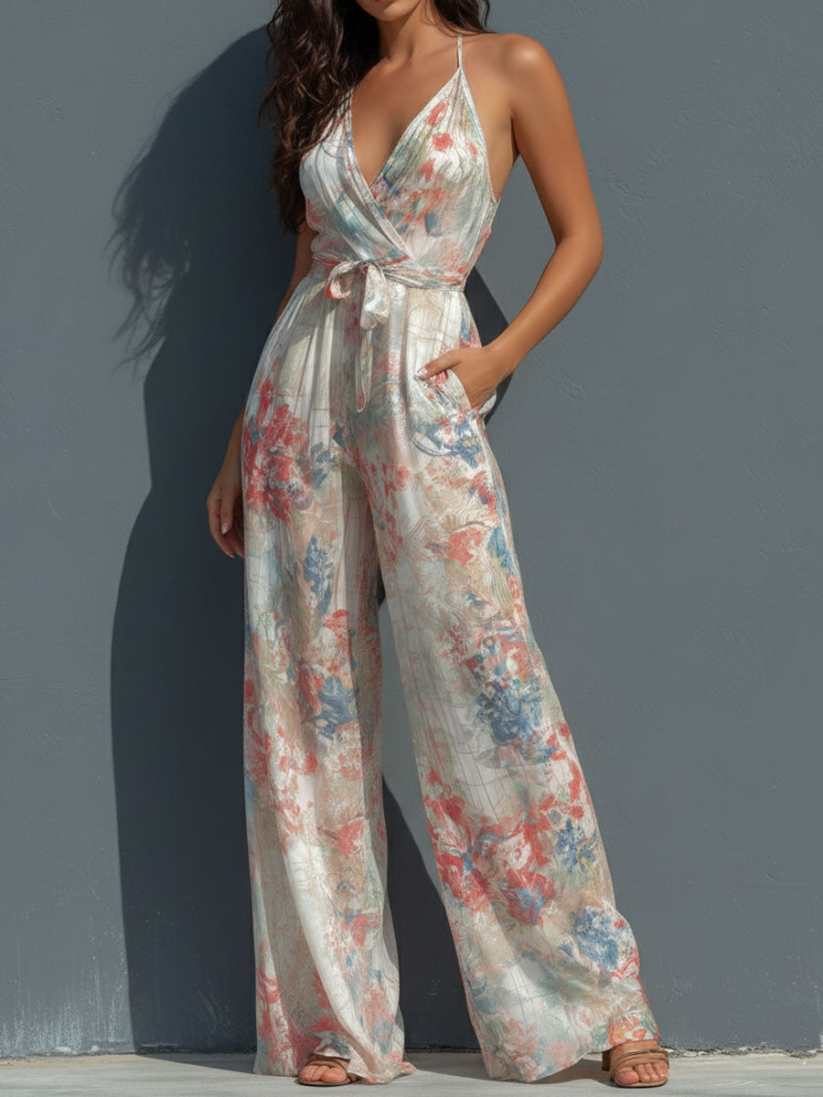 White floral satin women’s halter neck jumpsuit with wrap front and wide-leg pants, featuring a stylish and elegant design.
