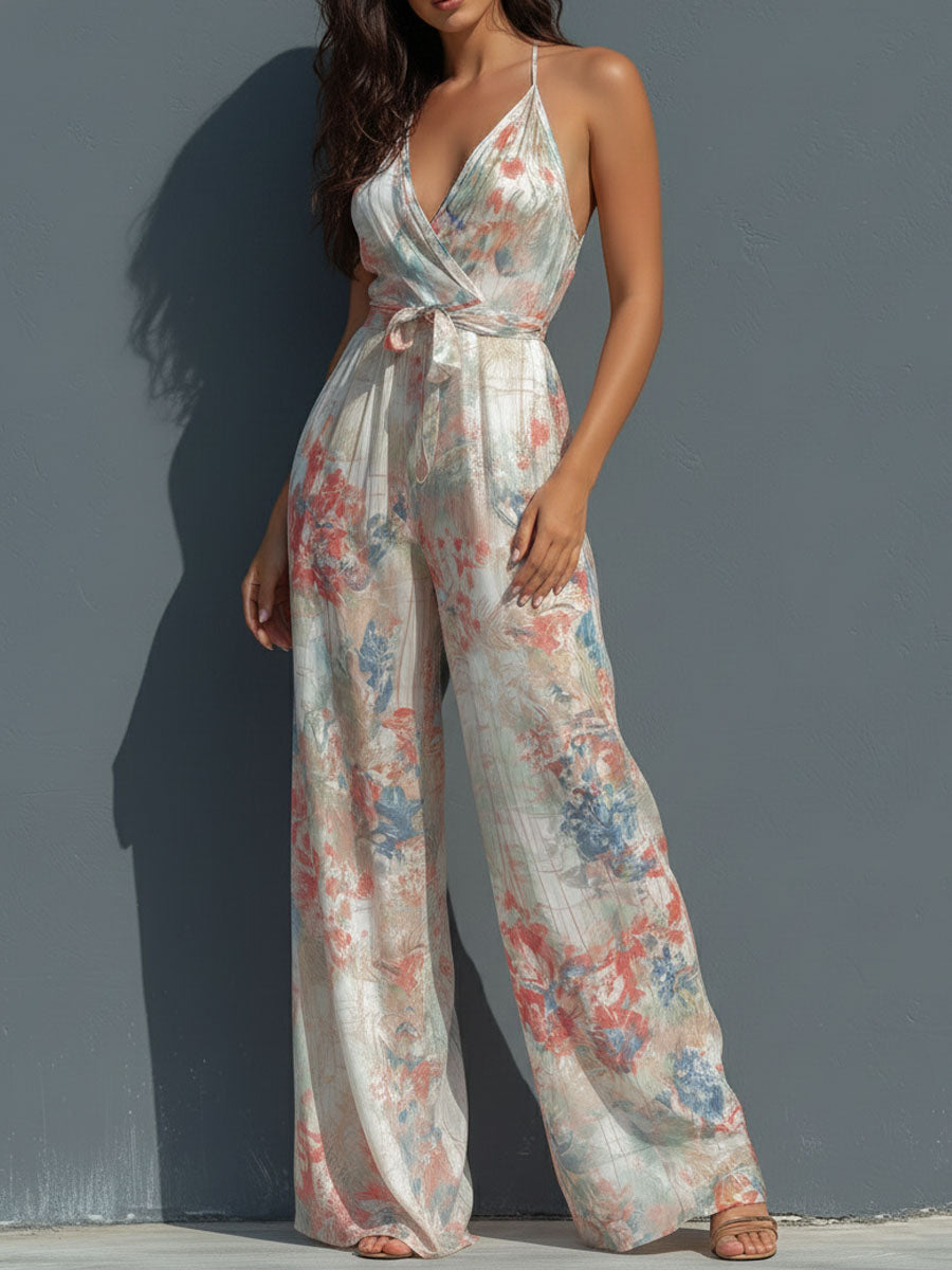 White floral satin halter neck wide-leg jumpsuit for women with wrap front, stylish and elegant pants from My Store.