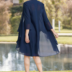 Navy blue tulle midi dress for women, pleated two-piece set with a flowing skirt and fitted top, elegant and stylish.