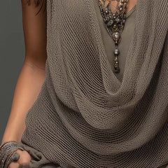 Earth tone double-layer mesh knit halter tank top with open back and sleeveless design, stylish and breathable for warm weather.