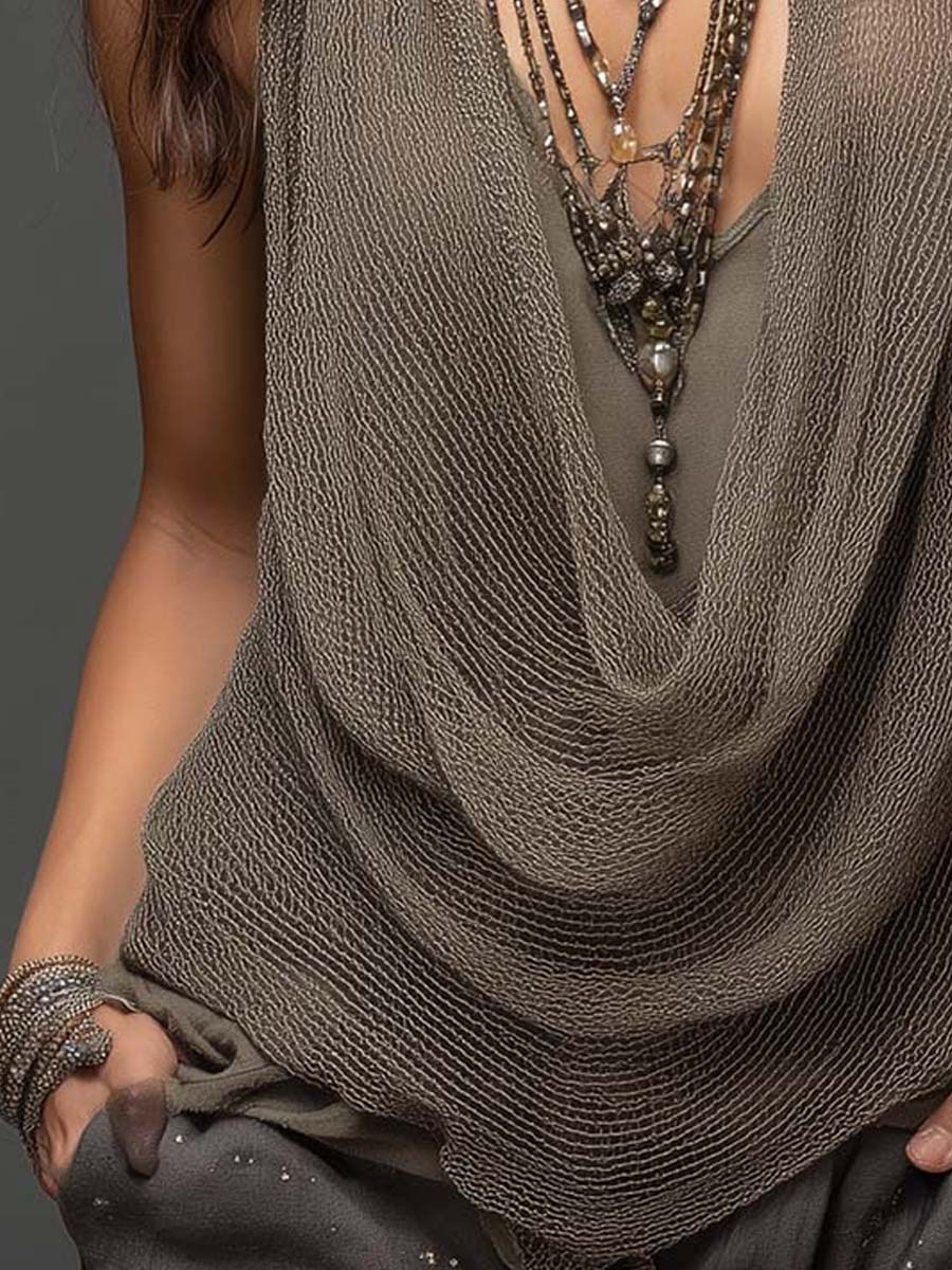Earth tone double-layer mesh knit halter tank top with open back and sleeveless design, stylish and breathable for warm weather.