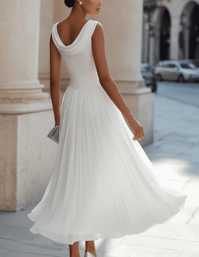 Tammy Bradley chiffon draped-neck pleated midi dress for women, featuring a flowing silhouette and elegant design.