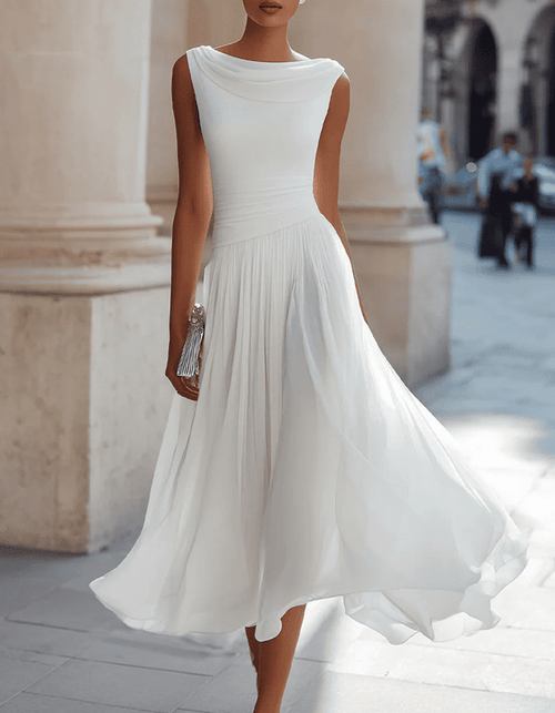Tammy Bradley chiffon draped-neck pleated midi dress for women, featuring flowing fabric and elegant design.