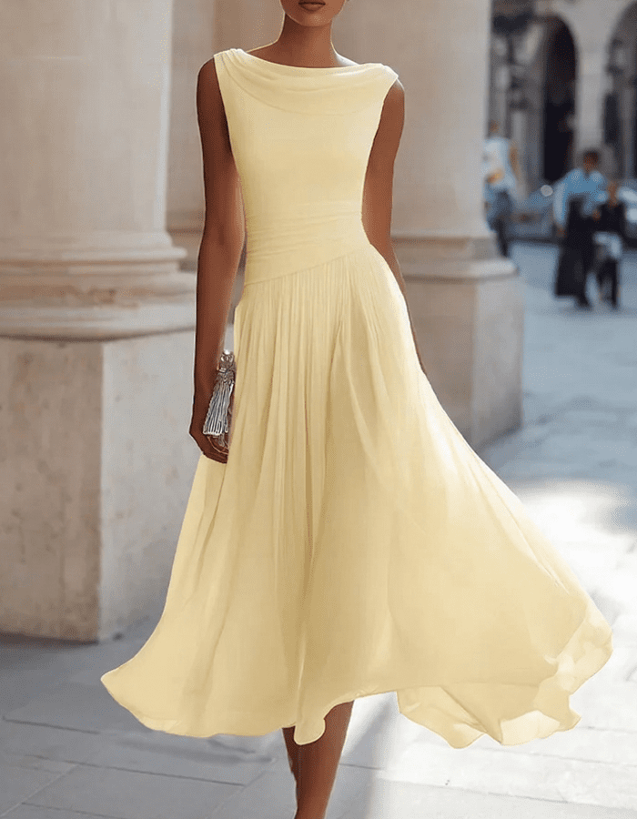 Tammy Bradley chiffon draped-neck pleated midi dress for women, featuring flowing fabric and elegant design.