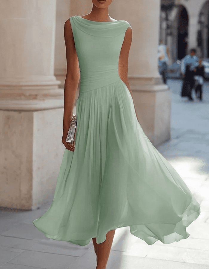 Tammy Bradley chiffon draped-neck pleated midi dress for women, showcasing a flowing design with elegant pleats and a draped neckline.