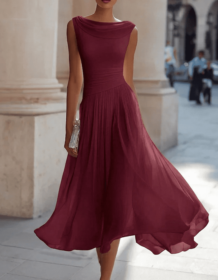 Tammy Bradley chiffon draped-neck pleated midi dress for women, featuring a flowing silhouette and elegant pleats.