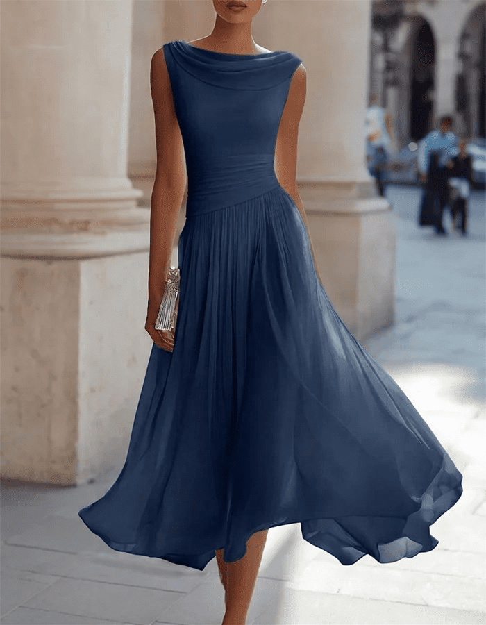 Tammy Bradley chiffon draped-neck pleated midi dress for women, featuring flowing fabric and elegant design.