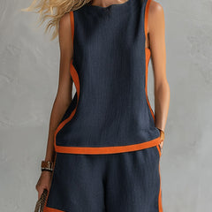 Navy cotton linen two-tone vest and shorts set for men, featuring a stylish casual look with comfortable fabric.