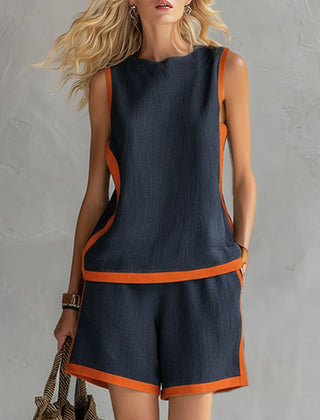 Navy cotton linen two-tone vest and shorts set for men, featuring a stylish casual look with comfortable fabric.