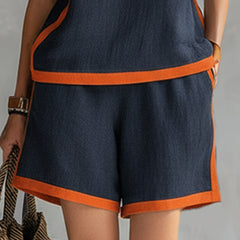Navy cotton linen two-tone vest and shorts set for men, featuring a stylish sleeveless vest and matching shorts.