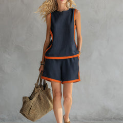 Navy cotton linen two-tone vest and shorts set, casual summer outfit with sleeveless vest and matching shorts, stylish and comfortable.