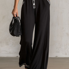 Black color-block V-neck sleeveless jumpsuit with button-down front, women's pants style, by My Store.