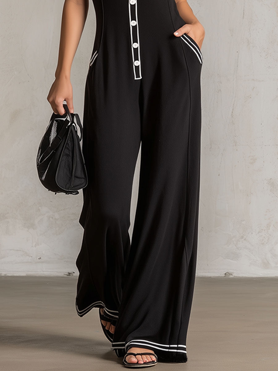 Black color-block V-neck sleeveless jumpsuit with button-down front, women's pants style, by My Store.