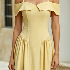 Yellow off-the-shoulder sweetheart A-line midi dress with fitted bodice and flowing skirt, perfect for elegant occasions.