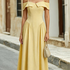 Yellow off-the-shoulder sweetheart A-line midi dress, stylish and flowy, with fitted bodice and flared hem for elegant wear.