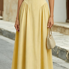 Yellow off-the-shoulder sweetheart A-line midi dress with fitted bodice and flowing skirt, perfect for summer occasions.
