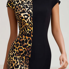 Elegant leopard print color block bodycon midi dress with boat neck, showcasing fitted silhouette and stylish design.