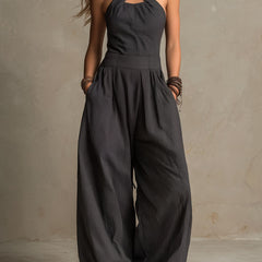Charcoal pinstripe halter neck wide-leg jumpsuit for women, stylish pants from My Store featuring a modern design.