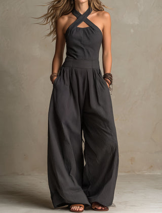 Charcoal pinstripe halter neck wide-leg jumpsuit for women, stylish pants from My Store featuring a modern design.