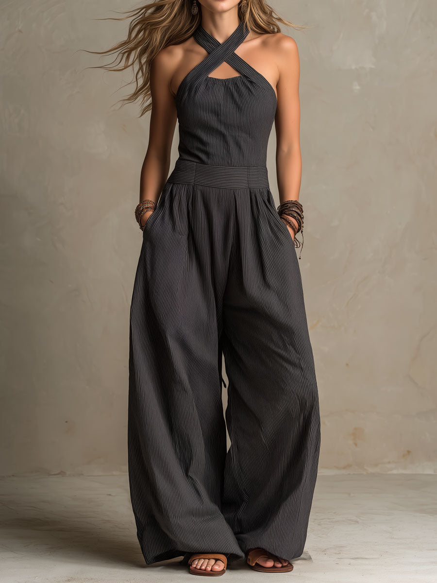 Charcoal pinstripe halter neck wide-leg jumpsuit for women, stylish pants from My Store featuring a modern design.