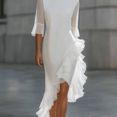 Asymmetric ruffle hem sheer sleeve midi dress by My Store featuring flowing fabric and stylish design details.