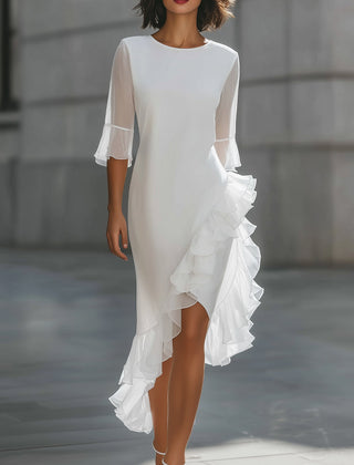 Asymmetric ruffle hem sheer sleeve midi dress by My Store featuring flowing fabric and stylish design details.