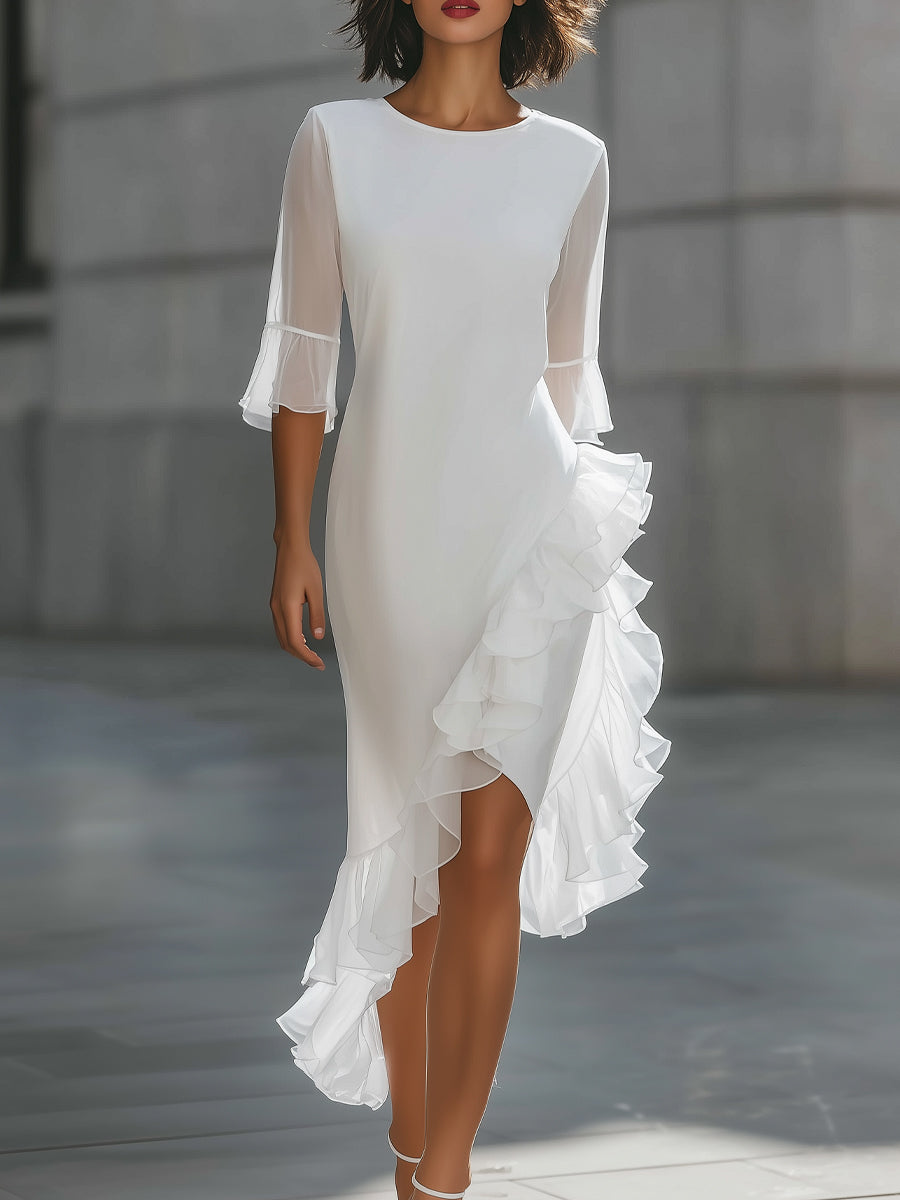 Asymmetric ruffle hem sheer sleeve midi dress by My Store featuring flowing fabric and stylish design details.