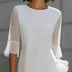 Asymmetric ruffle hem sheer sleeve midi dress from My Store, elegant and stylish, shown on a model.