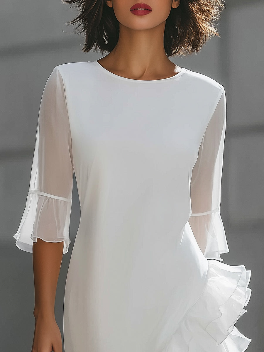 Asymmetric ruffle hem sheer sleeve midi dress from My Store, elegant and stylish, shown on a model.