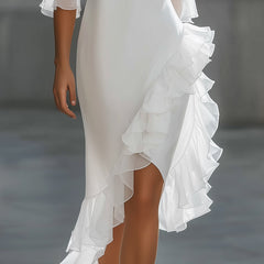 Asymmetric ruffle hem sheer sleeve midi dress by My Store featuring flowing fabric and stylish design.