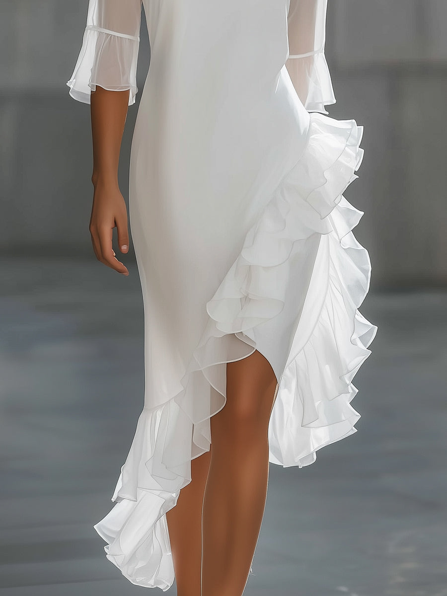 Asymmetric ruffle hem sheer sleeve midi dress by My Store featuring flowing fabric and stylish design.