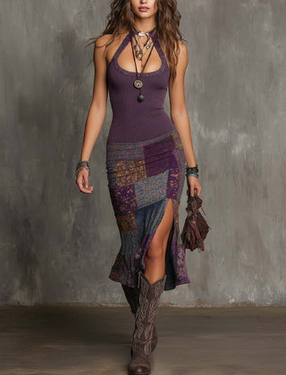 Knit halter neck midi dress for women featuring a fitted bodice and flowy skirt, stylish and comfortable for warm weather.
