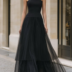 Black tiered tulle maxi dress from My Store featuring multiple layers and elegant flowing design.