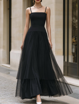 Black tiered tulle maxi dress from My Store featuring multiple layers and elegant flowing design.