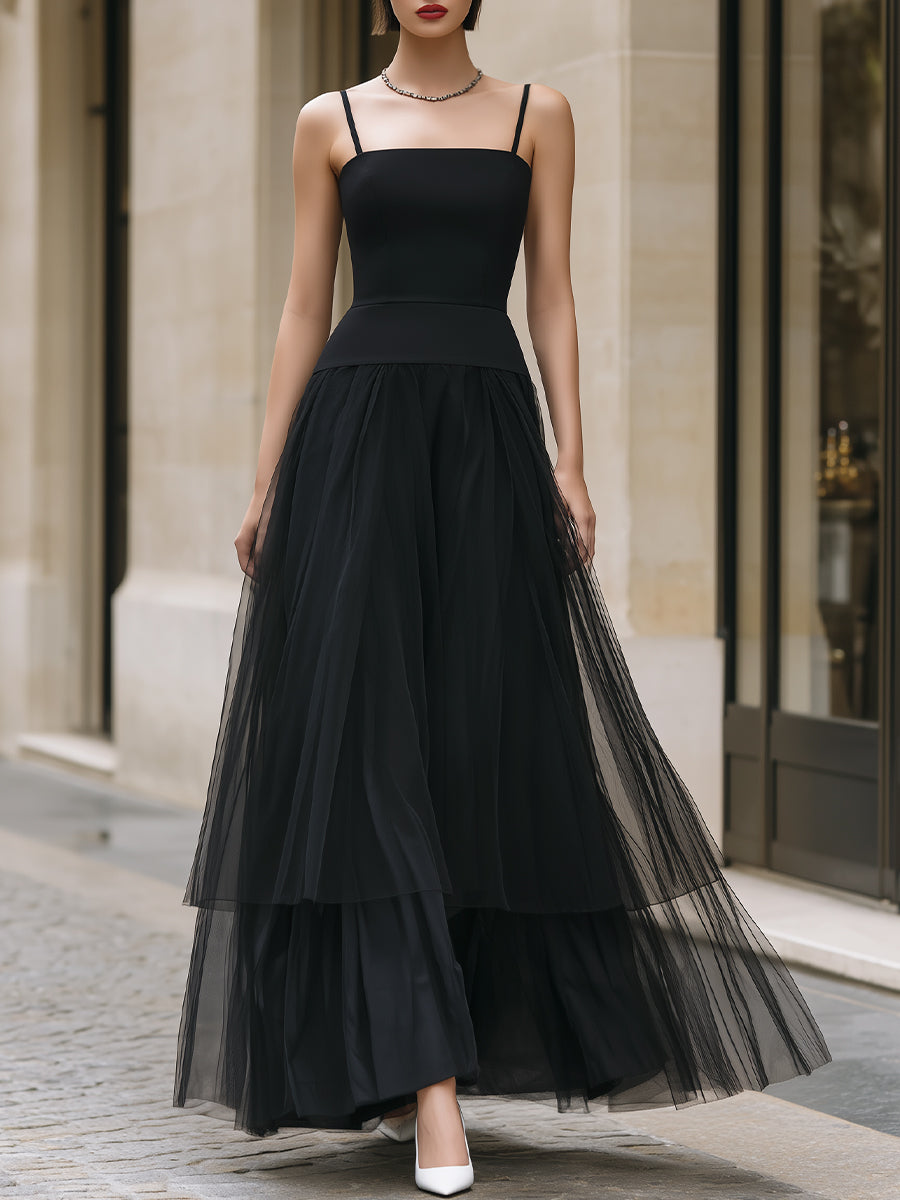 Black tiered tulle maxi dress from My Store featuring multiple layers and elegant flowing design.