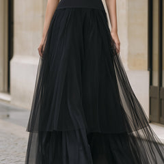 Elegant black tiered tulle maxi dress with a flowing skirt, perfect for formal occasions, by My Store.