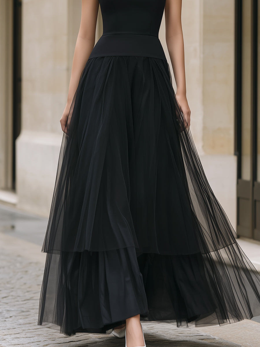 Elegant black tiered tulle maxi dress with a flowing skirt, perfect for formal occasions, by My Store.