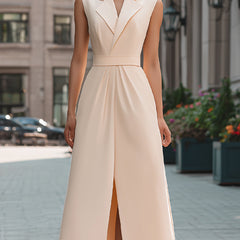 Beige sleeveless lapel collar midi dress by My Store, perfect for summer business occasions, shown on a mannequin.