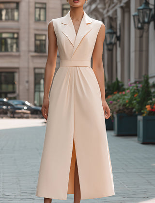 Beige sleeveless lapel collar midi dress by My Store, perfect for summer business occasions, shown on a mannequin.