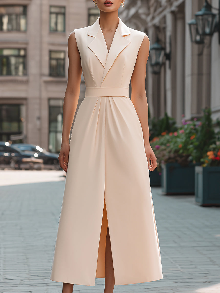 Beige sleeveless lapel collar midi dress by My Store, perfect for summer business occasions, shown on a mannequin.