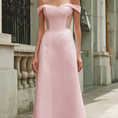 Elegant pink off-the-shoulder maxi dress from My Store, perfect for weddings and formal occasions, shown on a model.