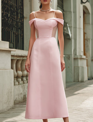 Elegant pink off-the-shoulder maxi dress from My Store, perfect for weddings and formal occasions, shown on a model.