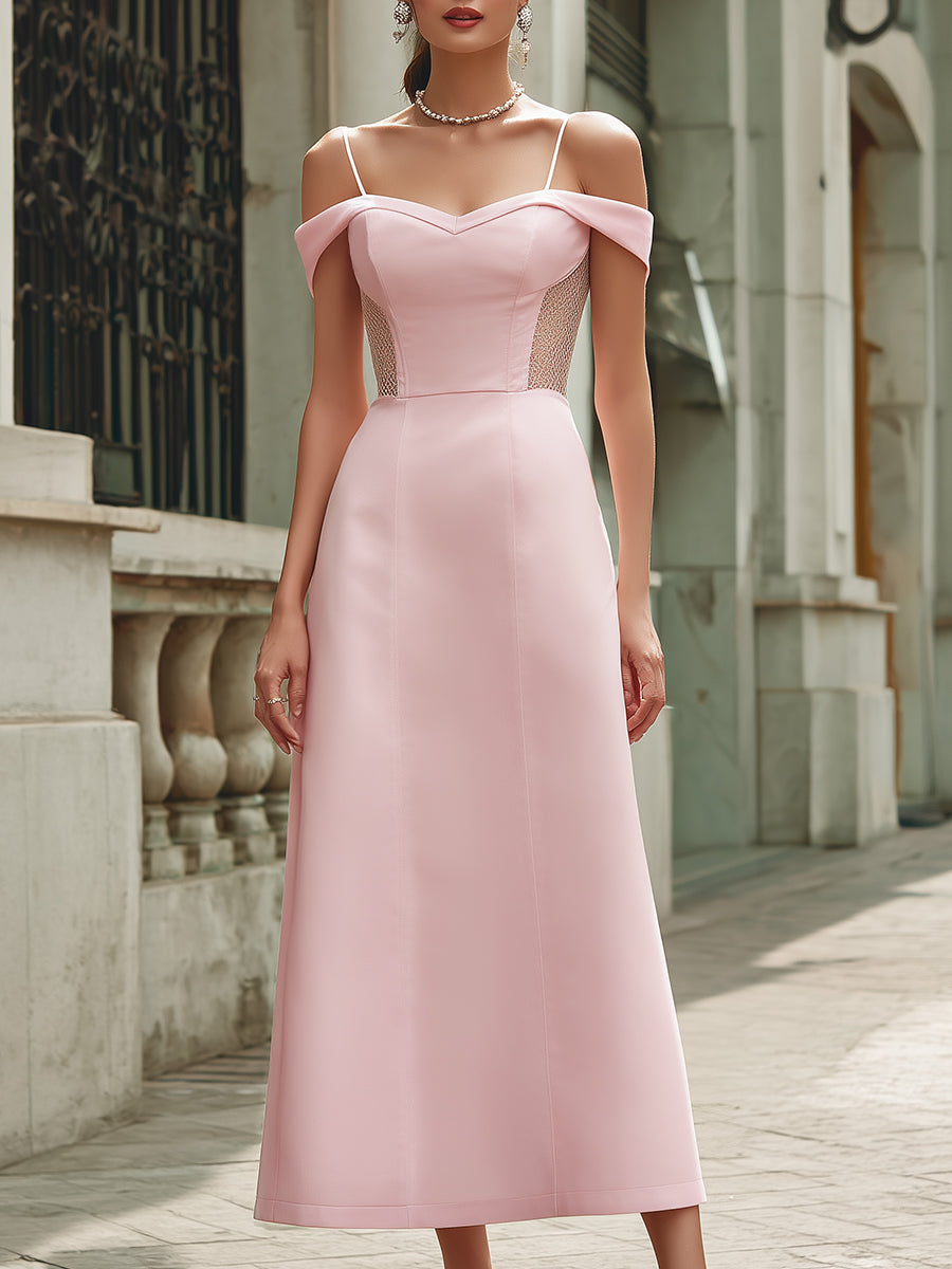 Elegant pink off-the-shoulder maxi dress from My Store, perfect for weddings and formal occasions, shown on a model.