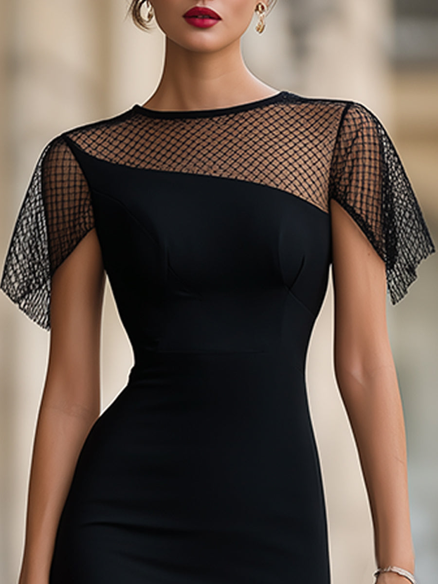 Sheer mesh panel fitted midi dress from My Store, showcasing a sleek, form-fitting silhouette with elegant mesh details.