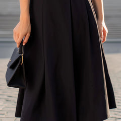 Black scalloped edge V-neck sleeveless fit-and-flare midi dress with feminine style and elegant design.