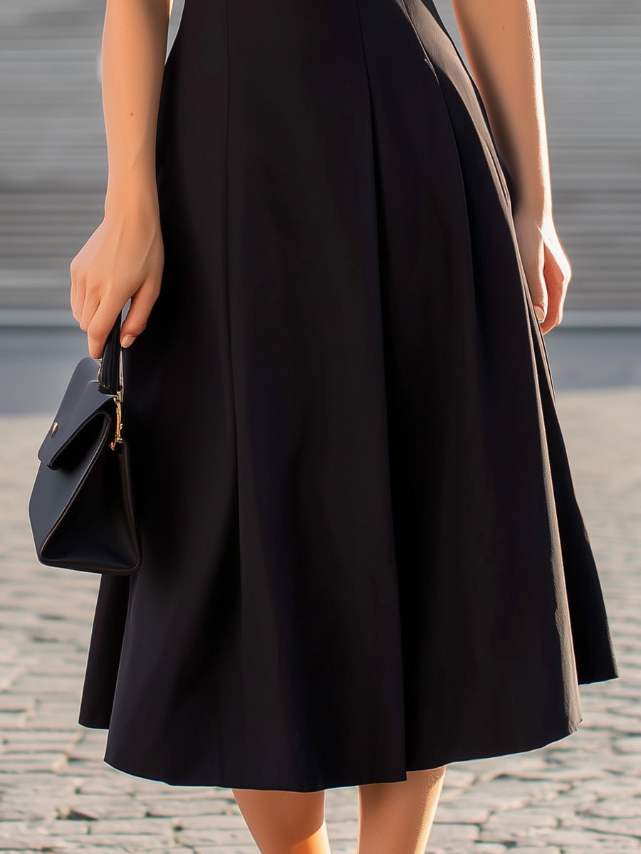 Black scalloped edge V-neck sleeveless fit-and-flare midi dress with feminine style and elegant design.