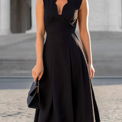 Black scalloped edge v-neck sleeveless fit-and-flare midi dress from My Store with a flattering silhouette and elegant design.