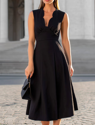 Black scalloped edge v-neck sleeveless fit-and-flare midi dress from My Store with a flattering silhouette and elegant design.